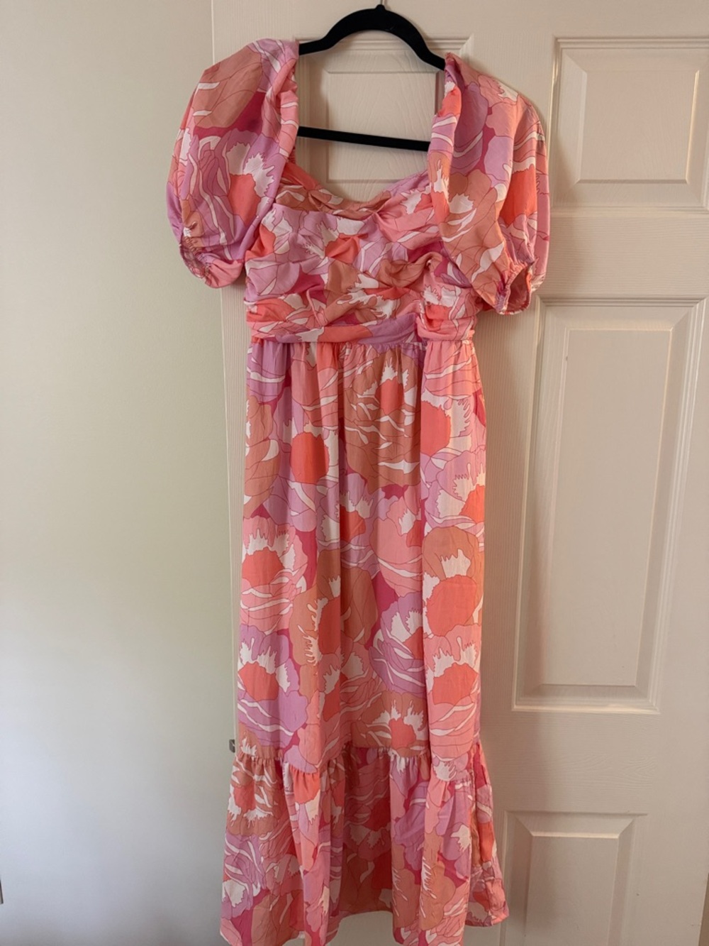 Floral Puff Sleeve Maxi Dress in Pink & Coral